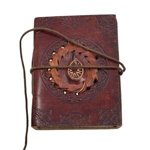 Vintage Embossed Leather Mandala Journal Small Braided Eyelet Cord Wrap Brown
